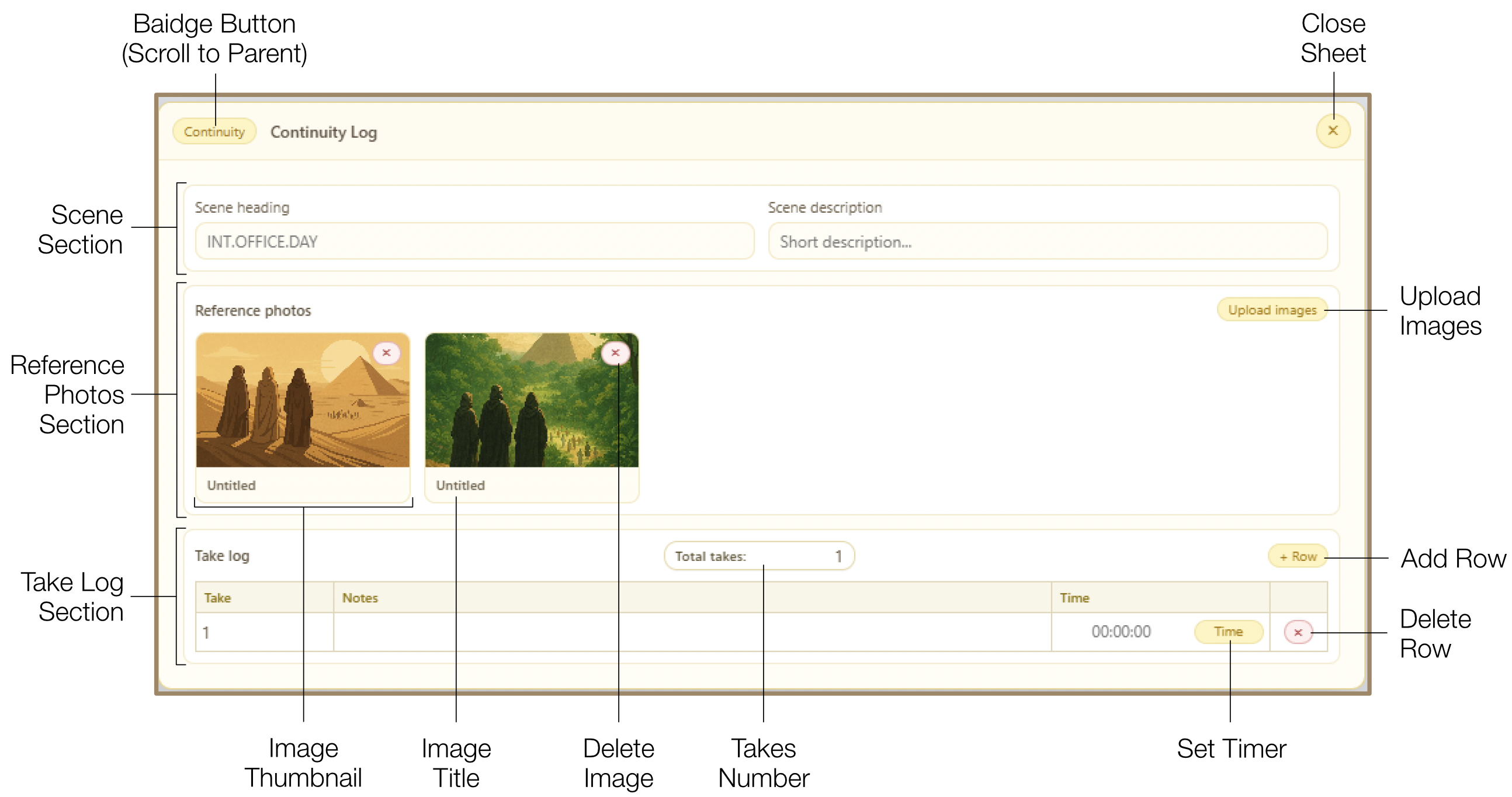 Continuity Log detailed view with image thumbnails and Take Log